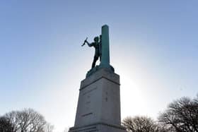 The statue in Mowbray Park shows Jack Crawford nailing the colours of HMS Venerable to its mast.