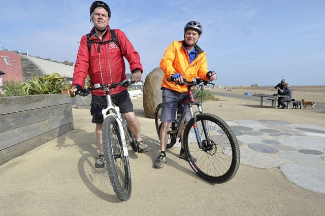 Paul Redshaw, 62, and Dave Owens, 65, after their ride to Roker Beach from Chester-le-Street. 

Picture by FRANK REID