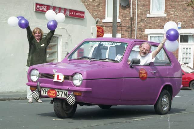Trevor Lewins on his way from Land's End to John O'Groats in a Reliant Robin.