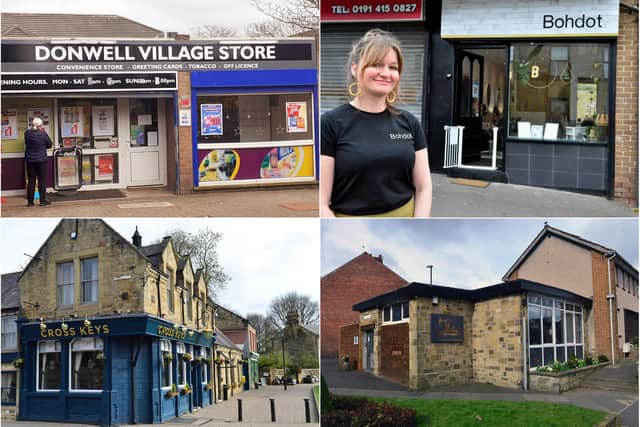 Clockwise from top left: Donwell Village Store, Faye Bryant outside her Bohdot salon, Olivia's Coffee House and the Cross Keys pub.