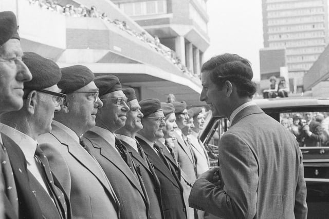 Prince Charles chatting with some of the members of the Sunderland branch of the 1st Airborne Association as he left the Crowtree Leisure Centre.