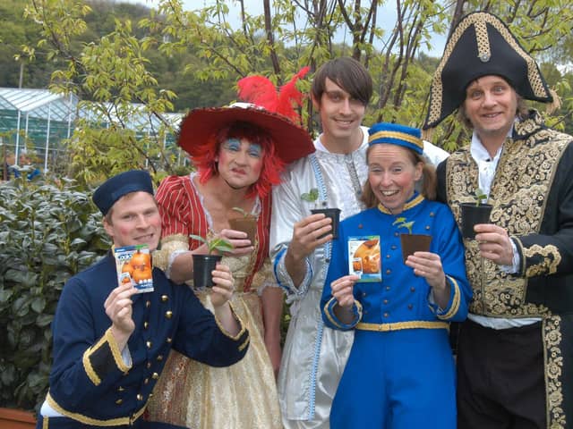 The principal characters from Durham Gala Theatre's production of Cinderella launched their show with a pumpkin growing competition in conjunction with the Poplar Tree Garden Centre in Durham in 2010.