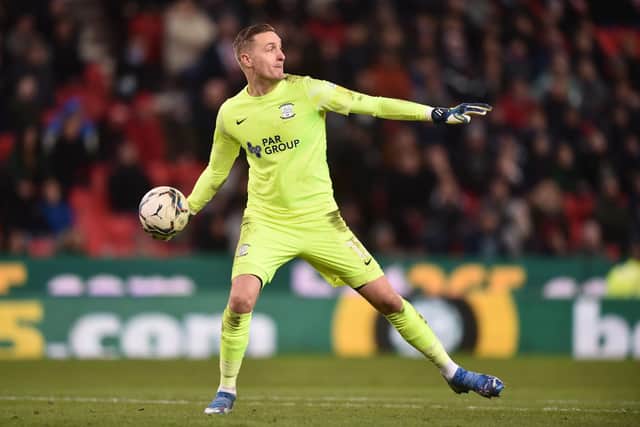 STOKE ON TRENT, ENGLAND - JANUARY 03: Daniel Iversen of Preston North End throws the ball during the Sky Bet Championship match between Stoke City and Preston North End at Bet365 Stadium on January 03, 2022 in Stoke on Trent, England. (Photo by Nathan Stirk/Getty Images)