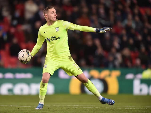 STOKE ON TRENT, ENGLAND - JANUARY 03: Daniel Iversen of Preston North End throws the ball during the Sky Bet Championship match between Stoke City and Preston North End at Bet365 Stadium on January 03, 2022 in Stoke on Trent, England. (Photo by Nathan Stirk/Getty Images)