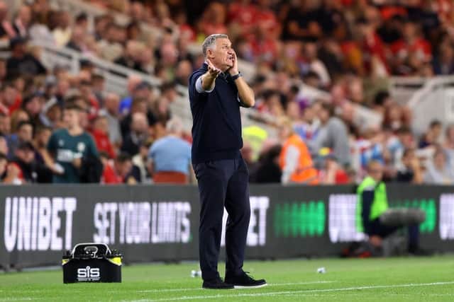 MIDDLESBROUGH, ENGLAND - SEPTEMBER 05: Tony Mowbray, Manager of Sunderland reacts during the Sky Bet Championship match between Middlesbrough and Sunderland at Riverside Stadium on September 05, 2022 in Middlesbrough, England. (Photo by Nigel Roddis/Getty Images)