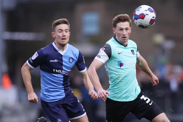 HIGH WYCOMBE, ENGLAND - DECEMBER 04: Denver Hume of Portsmouth during the Sky Bet League One between Wycombe Wanderers and Portsmouth at Adams Park on December 04, 2022 in High Wycombe, England. (Photo by Alex Morton/Getty Images)