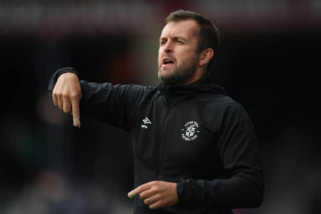 LUTON, ENGLAND - JULY 31: Nathan Jones, Manager of Luton Town gives his team instructions during the Pre-Season Friendly match between Luton Town and Brighton & Hove Albion at Kenilworth Road on July 31, 2021 in Luton, England. (Photo by Harriet Lander/Getty Images)