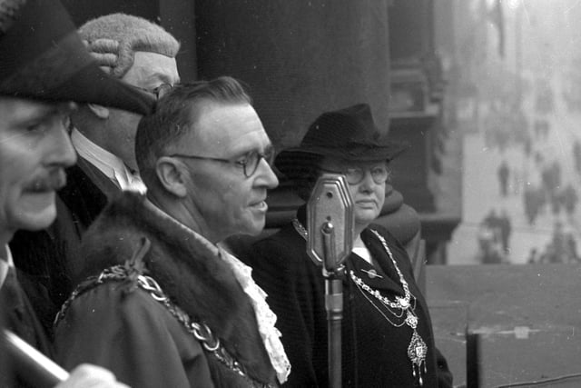 An emotional moment as Mayor Coun. John Young addresses the people of Sunderland from the balcony of the Town Hall at 11 o'clock on August 15, 1945.