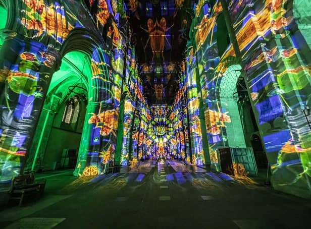 St Albans Cathedral Life son et lumiere projection by Luxmuralis.