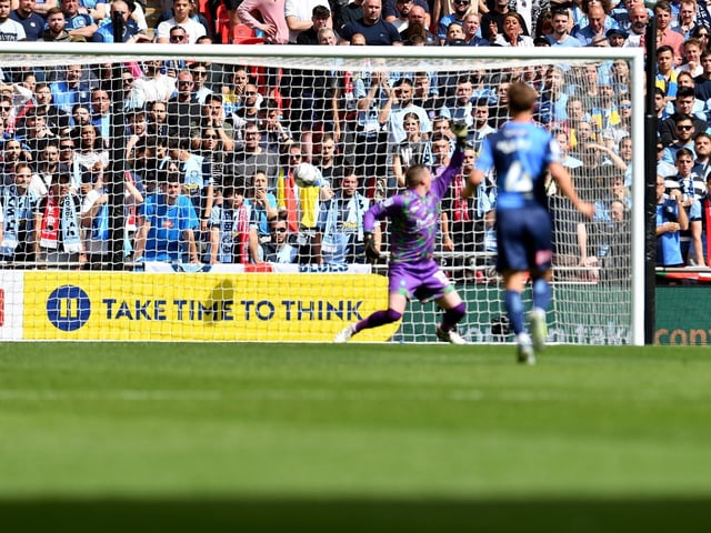 David Stockdale can only grasp thin air as Elliot Embleton's shot rifles past him