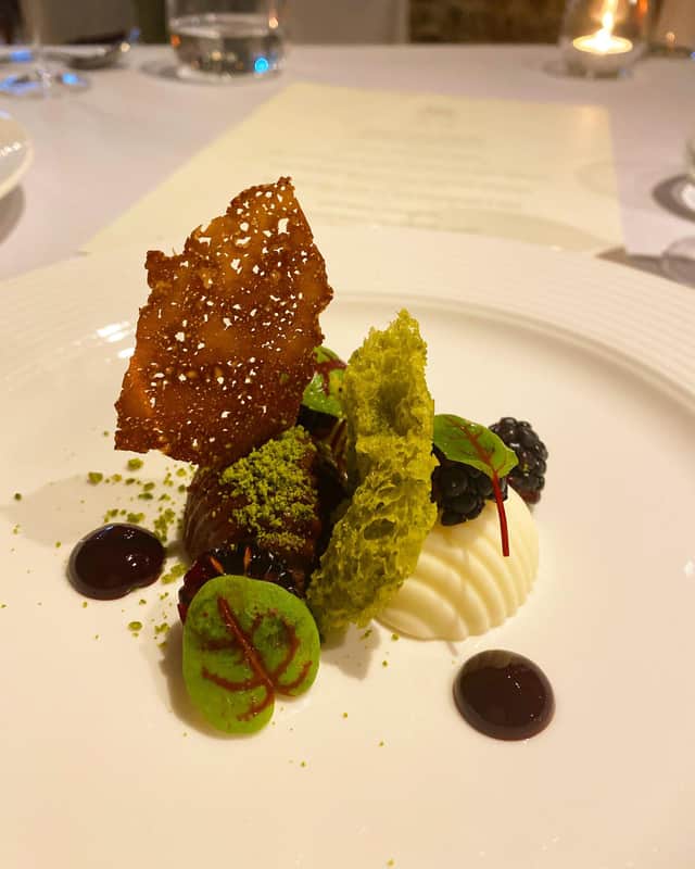 Course 7: a Manjari chocolate mousse with yoghurt, bramble and pistachio