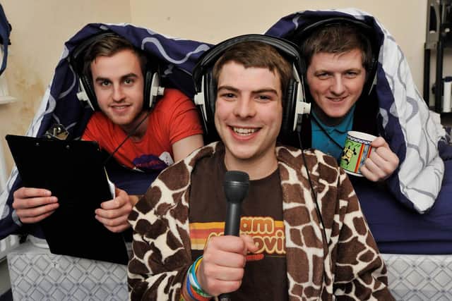 Jordan North (centre) with his co-presenters Tom Waite (left) and Stuart Birch (right) who had to broadcast a live radio show from Jordan's bedroom in Sunderland during winter storms in December 2010. Photo: North News.