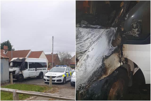 Photos of Ian Donnelly's bus following the suspected arson attack in Walpole Avenue, Westlea, Seaham.
