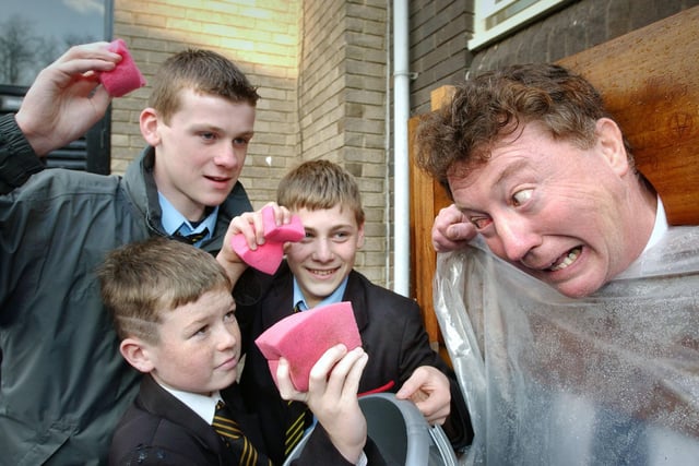 What a great way to spend a day! It was Sponge A Teacher Day at the school in 2004 and teacher Rory O'Mohony was sponged by Jonny Hope, Simon Gunn, and John Redpath.