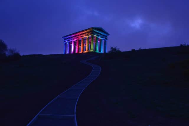 Penshaw Monument showcases its rainbow lights.