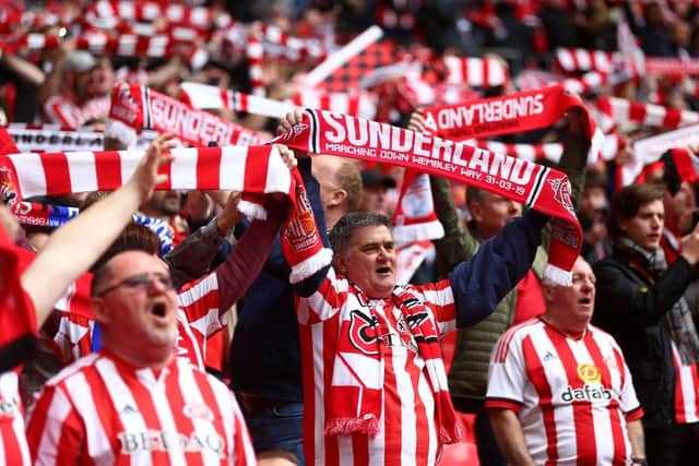 LONDON, ENGLAND - MARCH 31: Sunderland fans show their support ahead of the Checkatrade Trophy Final between Portsmouth and Sunderland at Wembley Stadium on March 31, 2019 in London, England. (Photo by Jordan Mansfield/Getty Images)