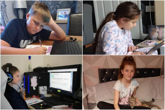 From top right to bottom left, Ben Gardner, Amira Ece, Abigail Wilson and Carly Anne Carter, of New Penshaw Academy's year 6 class as they complete their studies from home.