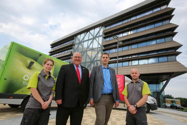 Ocado is based on the old Vaux site. Pictured are Customer service team member Daniella Waller, Leader of the Council Graeme Miller, Ian Pattle general manager of Ocado, Customer service team member Russell Holt. Picture: Tom Banks