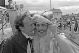 Ian Castle (as Dracula) and Stuart Knowles (as the maiden) are pictured having fun at the 1985 Sunderland Carnival.