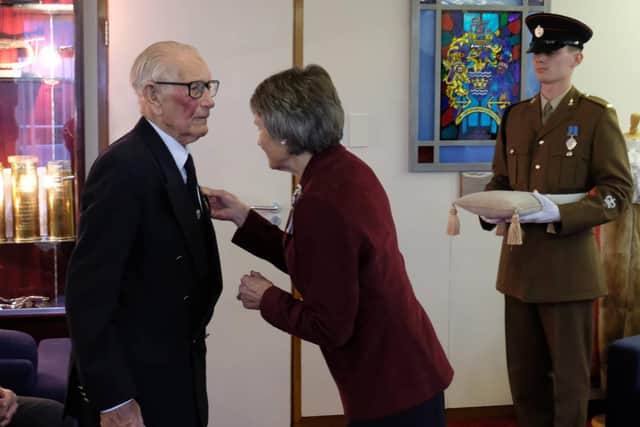 Len Gibson pictured as he was presented with his BEM by Sue Winfield, OBE, Lord Lieutenant of Tyne and Wear, in 2019.