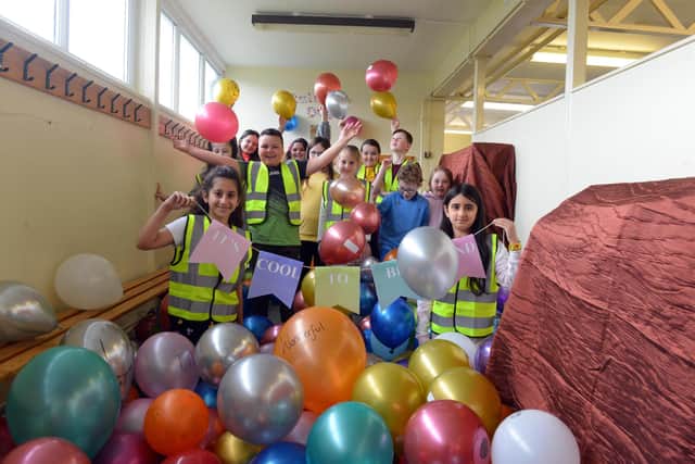 Rainbow Friday at Hasting Hill Academy to promote anti bullying initiative. The school's Anti-bullying Champions in the rainbow balloon pit.