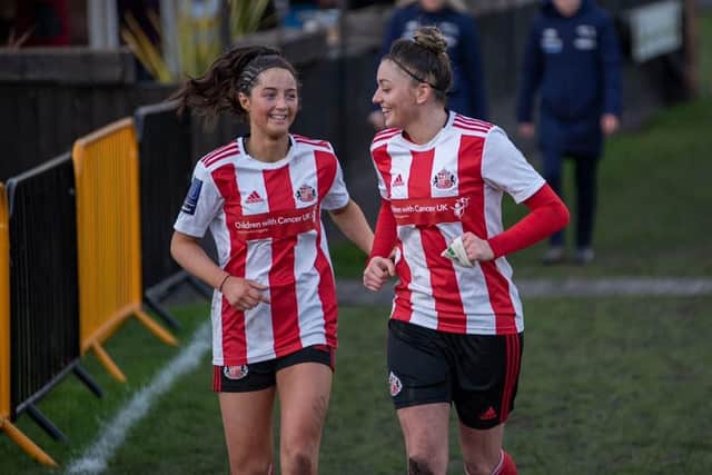 Sunderland Ladies captain (right) shares a smile with 16-year-old starlet Neve Herron. Photo courtesy of Colin Lock.