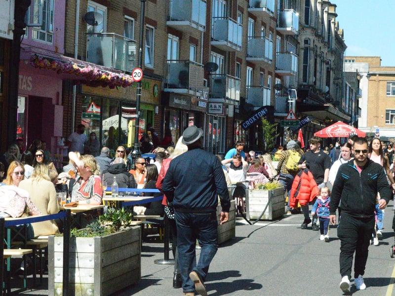 Drinkers enjoy outside hospitality returning in Palmerston Road, Southsea on April 17. Picture by David George.