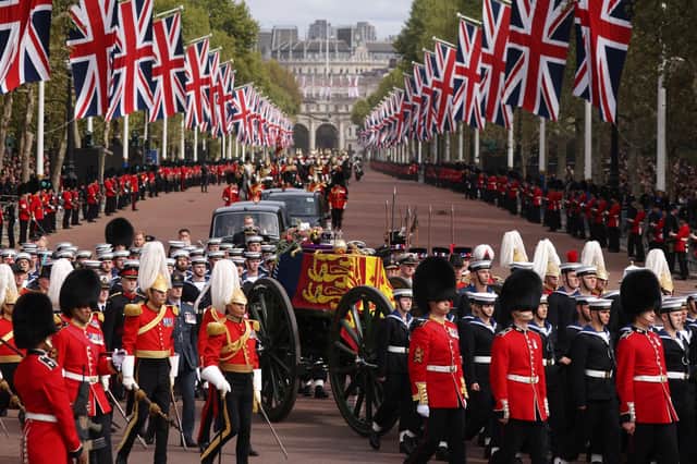 The Queen's funeral cortege travelling along The Mall in London.  

Photo by Dan Kitwood/Getty Images.
