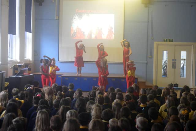 Fulwell Junior School pupils performing a dance routine as part of a celebratory assembly.
