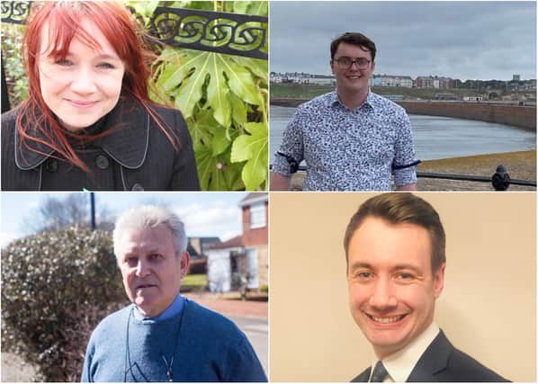Clockwise from top left: Rachel Featherstone, Sam Johnson, David Newey and John Lennox. No candidate profile or photo provided by Ian Lines.