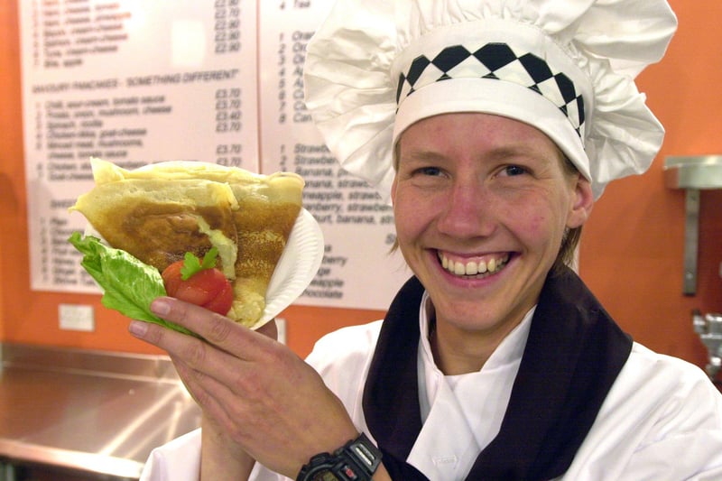 Martine Verwij at the Double Dutch pancake takeaway in Orchard Square, Sheffield in 2001