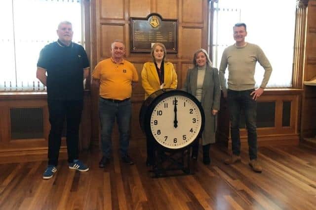 The historic clock featuring in a file picture with members of the heritage group and local councillors. From left: Billy Robinson,  vice Chair of the Boldon Colliery Heritage group, George Henderson, group chairman, Cllr Sandra Duncan, CAF chair Alison Strike and group member Sean Hudson.