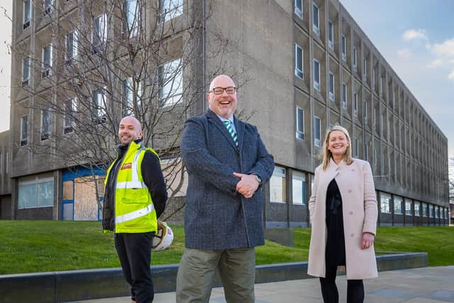 Brims Construction Ltd's site manager John Wardropper at the former poilce station on Keel Square as development work starts today. Pictured with Cllr Graeme Miller with Laura Lloyd (Investment & Development manager at the Hanro Group)