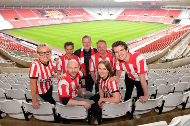 The Sunderland Story cast Jayne Mackenzie, Peter Peverley, James Hedley, Joe Caffrey, Jude Nelson and Ainsley Fannen unveiled with producer Peter Heckett.
