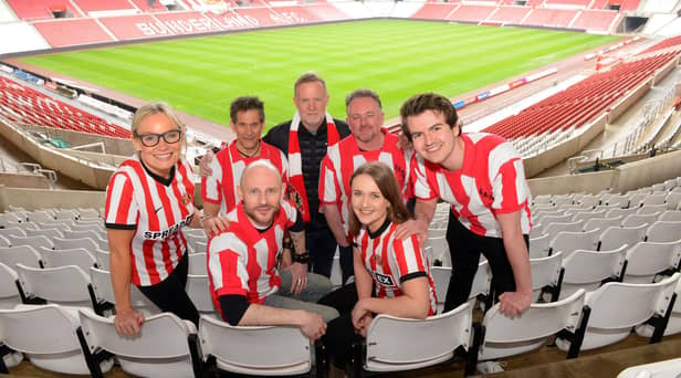 The Sunderland Story cast Jayne Mackenzie, Peter Peverley, James Hedley, Joe Caffrey, Jude Nelson and Ainsley Fannen unveiled with producer Peter Heckett.