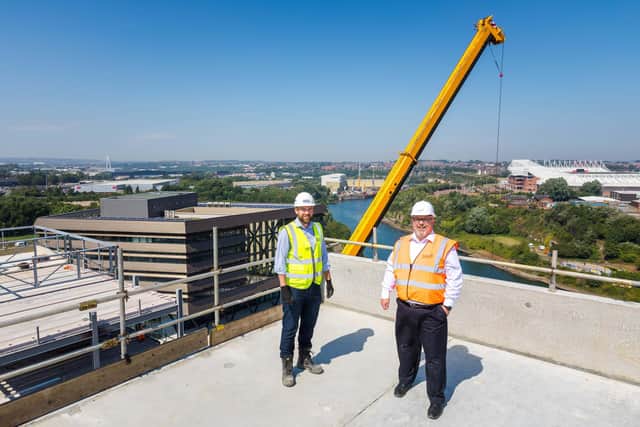 The new Sunderland Town Hall, part of The Riverside Development has topped out as it reached the highest point. Councillor Graeme Miller and Paul Anderson (Senior Project Manager at Bowmer & Kirland)