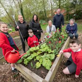 Children from Rickleton Primary School with, from left, Gentoo colleagues Kim Burnikell and Sheryl Robinson, the school's headteacher Jan Price, deputy headteacher Alan Baker and Rickleton Community Garden volunteer Anita Bargewell.