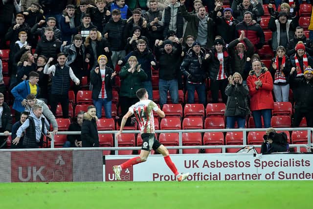 Ross Stewart celebrates the second of his three goals at the Stadium of Light