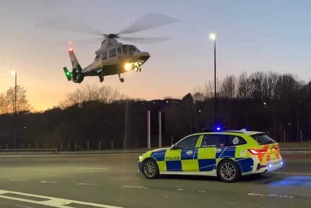 A photo shared by Northumbria Police's Road Safety team via the @NPRoadSafety Twitter account, showing the Great North Air Ambulance and one of its vehicles on the scene of the collision on the A1231 Wessington Way.