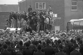 This picture was taken at Wearmouth Colliery, now the site of the Stadium of Light, during the Miners' Strike in 1984.