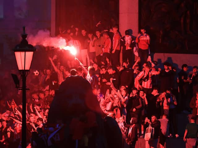 Sunderland take on Wycombe Wanderers at Wembley this afternoon in the League One play-off final. Fans took over Covent Garden and Trafalgar Square on Friday night.