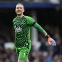 LIVERPOOL, ENGLAND - FEBRUARY 18: Jordan Pickford of Everton shows his emotion during the Premier League match between Everton FC and Leeds United at Goodison Park on February 18, 2023 in Liverpool, England. (Photo by Clive Brunskill/Getty Images)