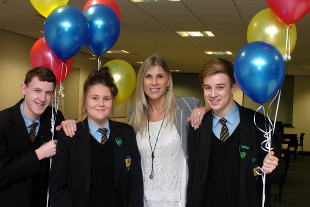 Sharron Davies MBE officially opened the new Dene Community School, Peterlee in 2013. She also competed as Amazon in the TV show. She is pictured with pupils, left to right; Kieran Anderson, 15, Mollie Hall, 15, and Kane Iceton, 16.