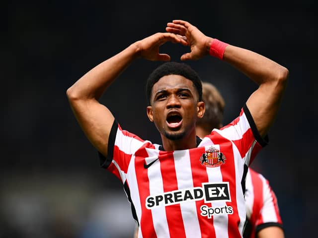 WEST BROMWICH, ENGLAND - APRIL 23: Amad Diallo of Sunderland celebrates after the team's victory in the Sky Bet Championship between West Bromwich Albion and Sunderland at The Hawthorns on April 23, 2023 in West Bromwich, England. (Photo by Clive Mason/Getty Images)