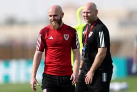 Jonny Williams of Wales looks on during the Wales match day training session in Doha, Qatar.