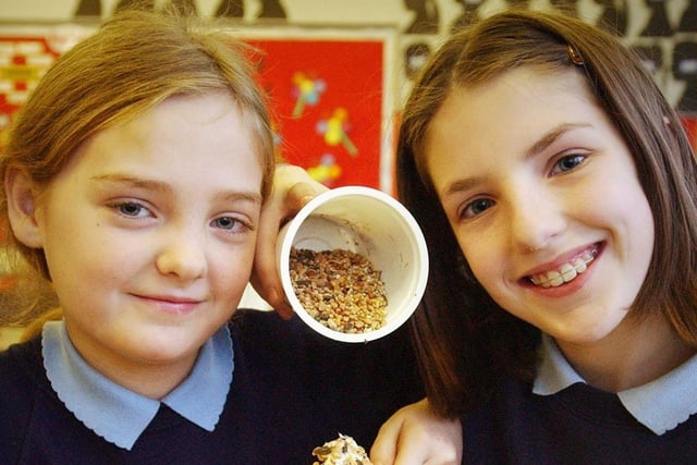 Emma Duffy and Faye Drummond had a great time when they made food for a winter bird feeder at the school 18 years ago.