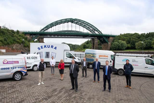 From left; Lee Francis and Jonathan Horner both of RE:GEN, Michelle Ayre of Sekura; Nigel Wilson of Gentoo, Charlie Hill of Sekura, Iain Roy of Nationwide Windows and Doors, Marc Edwards of Gentoo and Adam Holdsworth of EQUANS.
