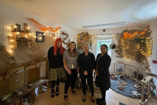 Staff at Mill Hill Nursery School are celebrating its outstanding Ofsted judgement. (left to right) Beverly Hughes, Childcare manager, Chloe Malkin and Rachel Caffrey, both Early Years Practitioners, and Naz Rahimi, Early Years Support.