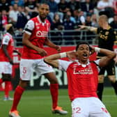 Reims' forward Hugo Ekitike celebrates after scoring a goal during the French L1 football match between Stade de Reims and OGC Nice at Stade Auguste-Delaune in Reims, northern France on May 21, 2022. (Photo by FRANCOIS NASCIMBENI/AFP via Getty Images)