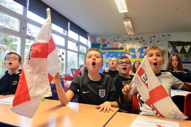 Plains Farm Academy pupils show their emotions after England go close to scoring.